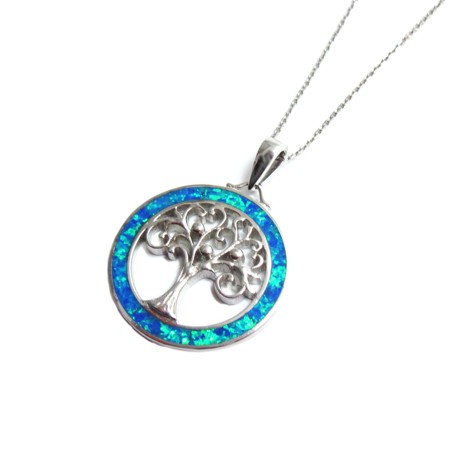 Sterling Silver Blue Fire Opal Tree of Life Pendant